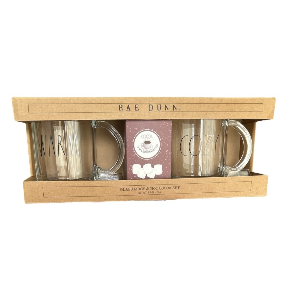 NEW Rae Dunn Clear Dining Coffee Mugs Set of 2 with Elegant ‘Warm’ ‘Cozy’ Design